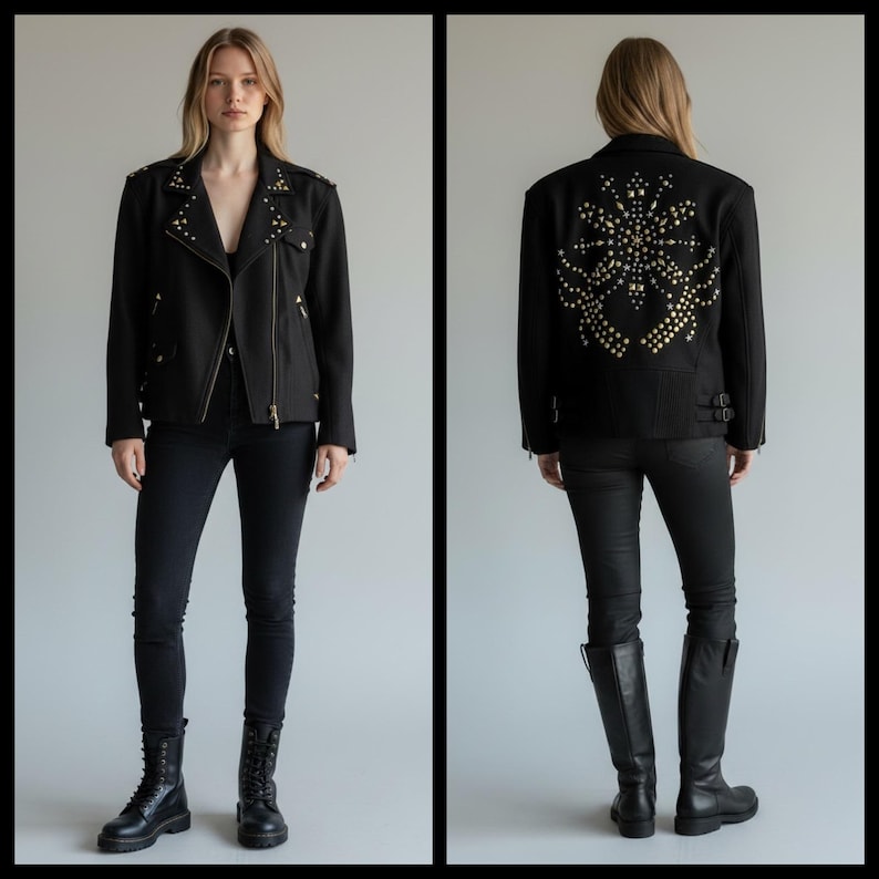 Vintage 80s Adam Douglass Adrianna Papell Studded Wool Moto Jacket L/XL Black zdjęcie 1