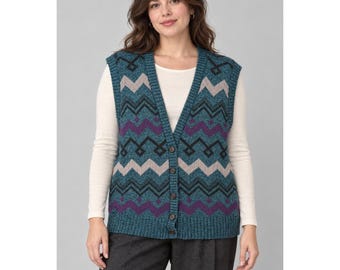 Eclectic Grandpa Teal Purple Chevron Sweater Vest XL Button Front Retro Knit
