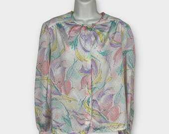 Vintage 70s White Watercolor Floral Pastel Metallic Secretary Blouse Size Large