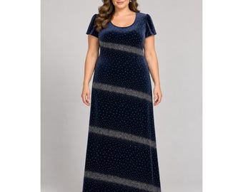 90s Glam Navy Blue Velvet Glitter Gown 16 Formal Holiday Prom Party Dress
