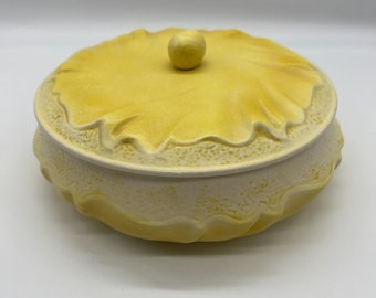 Vintage Yellow large floral lidded vanity dish hand painted candy dish storage