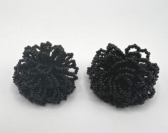 Goth Dark Romantic Black Seed Bead Cluster Clip On Statement Earrings 2"