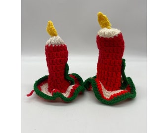vintage handmade crocheted christmas candles white red green set