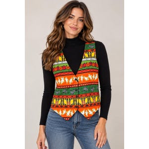 May include: A sleeveless vest featuring a vibrant Halloween-themed pattern with horizontal stripes of orange, green, and yellow. The design includes repeating motifs of white ghosts, orange pumpkins, black spiders, and striped witch legs with black boots.