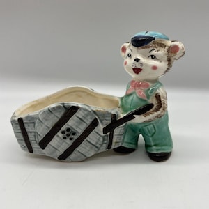 Grant Crest Vintage Kitschy Bear in Hat and overalls with wheelbarrow planter