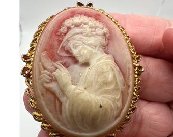 Romantic Lady With Mirror Cameo Brooch Gold Tone Coral Ivory Victorian Style
