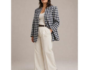 Preppy Old Money Gingham Longline Blazer 26/28 Navy White Heritage Equestrian