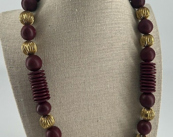 80s single strand mahogany purple wood bead and gold bead necklace