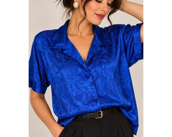 80s Victorias Secret Gold Label Blue Floral Satin Sleep Shirt Medium Goth Preppy