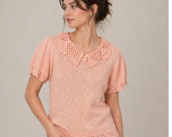 Coquette Pink Crochet Collar Sweater M L Short Sleeve Cottagecore Bonnie Lee