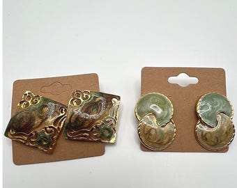 Baroque Enamel Swirl Earrings Lot 2 Pair Gold Tone Earth Tones Pierced Woodland