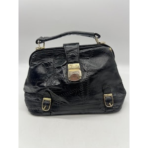 Vintage 90s Patchwork Black Genuine Leather Doctor Bag Kiss Lock Handbag OS
