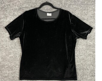 90s Goth Black Velvet Scoop Neck Short Sleeve Top Large Basic Minimalist