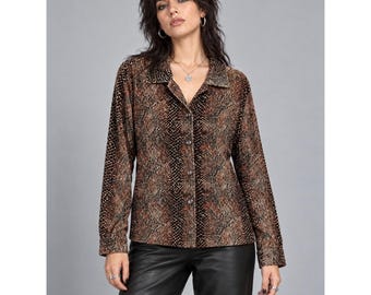 Indie Sleaze Snakeskin Velour Button Up Shirt M Brown Black 90s Basic Editions
