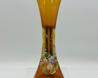 Vintage Amber Bohemian Hand Painted Glass Bud Vase Blue, Orange and Pink Flowers