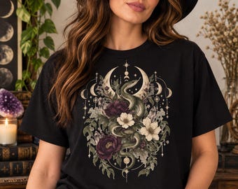Floral Snake Crescent Moon T-Shirt | Botanical Occult Illustration | Whimsigoth Cottagecore Witchy