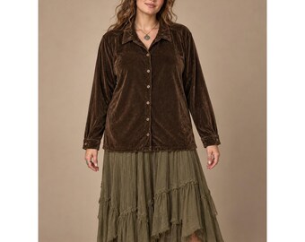 Fairy Grunge Woodland Brown Velour Blouse XL 16-18 White Stag Cottagecore