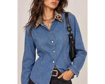 90s Y2K Bill Blass Denim Shirt Small Snakeskin Collar Western Indie Sleaze