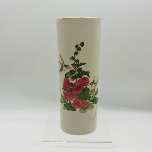 Gibson Greetings inc Otagiri vase with hummingbird family gold rim oval vase