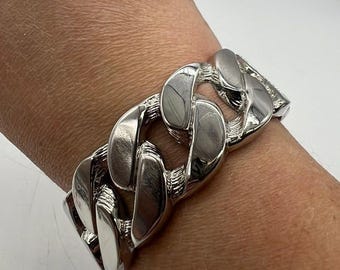 Minimalist Statement Cookie Lee Silver Tone Chunky Link Clamper Bracelet