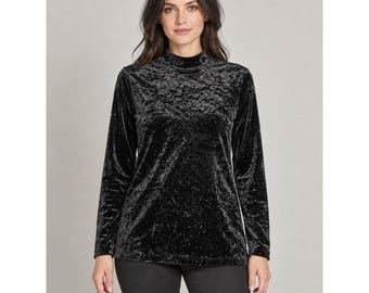 Black Crushed Velvet Mock Neck Top M Goth Minimalist 90s Long Sleeve