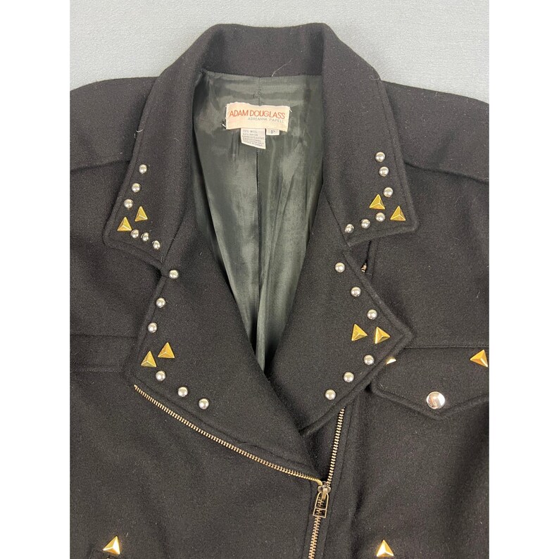Vintage 80s Adam Douglass Adrianna Papell Studded Wool Moto Jacket L/XL Black zdjęcie 4