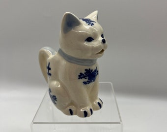 Vintage J.S.N.Y Ceramic Whimsical Blue And White Cat Creamer Delft Country