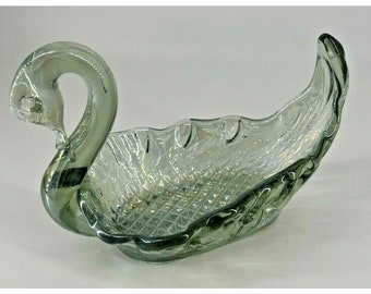 Gray glass swan candy dish iridescent large