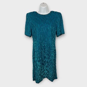 Teal Silk All Over Sequin Short Slv Evening Cocktail 80s Dress Silky Nites Sz 6