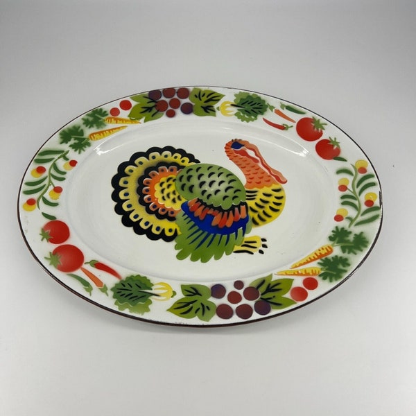 Vintage Enamel Thanksgiving Christmas Turkey Platter Serving Tray Colorful