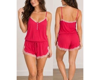 Coquette Victoria's Secret Pink Lace Trim Sleep Romper Small Red Y2K Loungewear