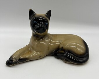 Vintage Ceramic Siamese Cat Figurine Laying Down White Brown