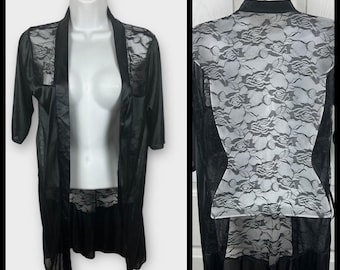 Black Satin and Floral Lace Short Sleeve open front robe kimono topper Small