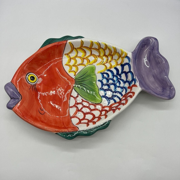 Vintage Platter 1995 Colorfully Hand Painted (Fish) Serving Dish 15" L