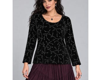 Whimsigoth Witchy Black Beaded Velour Top Long Sleeve Holiday Floral