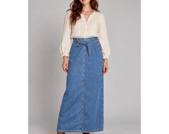 90s Boho Western Denim Maxi Skirt 14 Lizwear Side Button Tie Waist Cottagecore