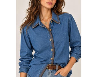 90s Boho Western Embroidered Denim Button Up Shirt Petite Small Blue Stonebridge
