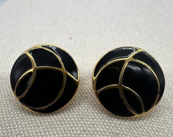 Art Deco Monet Black Enamel Gold Tone Round Domed Pierced Earrings 1"