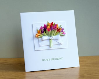 Personalised Handmade Card - Happy Birthday - Mum's Day Card - Greeting Card - Luxury - Unique - Tulips - Customisable