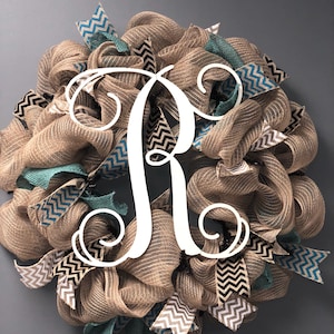 Burlap Teal Rustic Monogram Wreath