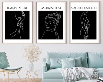 Silhouette de femme dessin au trait | Confiance, amour de soi et impressions murales numériques féminines pour l'autonomisation des femmes | Décor de bureau d'amour de soi