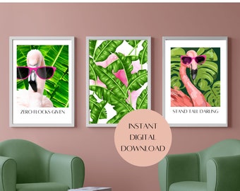 Art mural imprimable aquarelle flamant rose | Décoration murale numérique | Ensemble de 3 téléchargements instantanés d'impression d'art | Impressions de flamants roses | Décor de chalet de plage