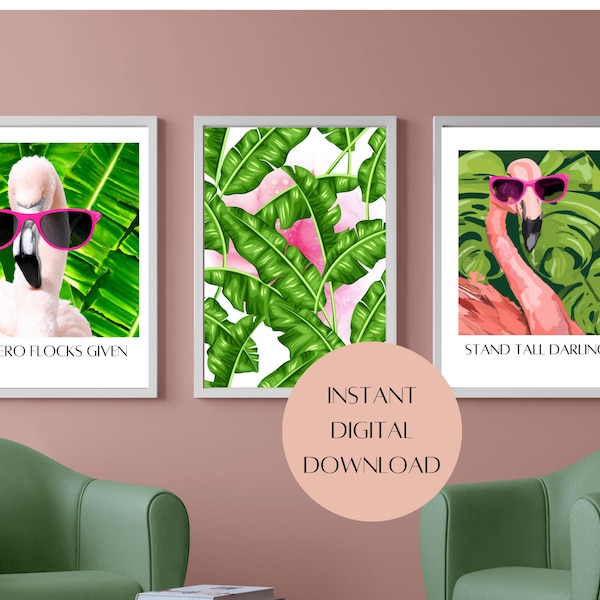 Flamingo Watercolor Printable Wall Art | Digital Wall Decor | Set of 3 Art Print Instant Download | Flamingo Prints | Beach Cottage Decor