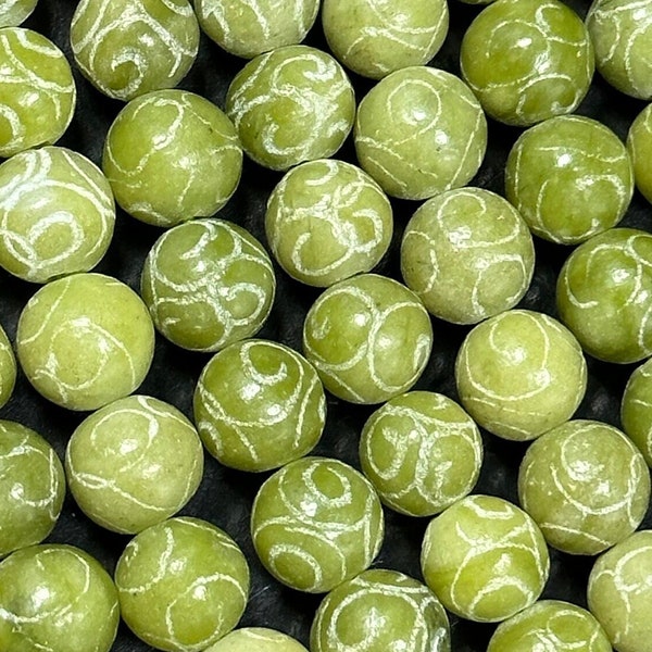 NATURAL Hand-Carved Jade Gemstone Bead, 8mm Round Beads. Beautiful Natural Green Jade Color Hand-Carved Loose Beads Full Strand 15.5"