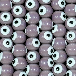 Beautiful Taupe Evil Eye Glass Beads 8mm Round Beads, Beautiful Taupe/Light Purple Evil Eye Amulet Glass Beads, Full Strand Glass Beads