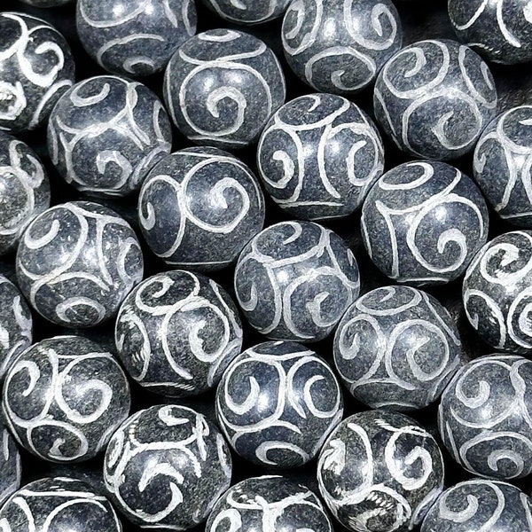 NATURAL Hand-Carved Black Jade Gemstone Bead 14mm Round Beads. Beautiful Natural Black Color Hand-Carved Loose Beads Full Strand 15.5"