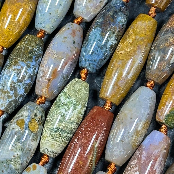 NATURAL Ocean Jasper Gemstone Bead 39x16mm to 46x16mm Barrel Shape Beads, Beautiful Grey Green Orange Color Jasper Beads Full Strand 15.5"