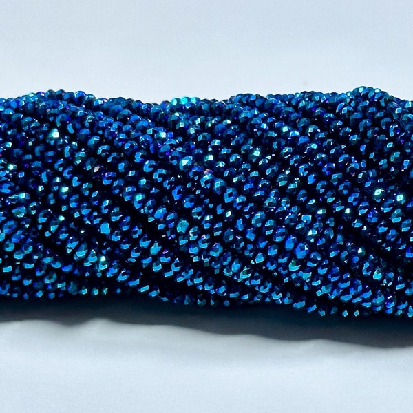 Beautiful Chinese Crystal Glass Beads, Faceted 2mm Rondelle Shape Beads, Gorgeous Iridescent Metallic Teal Blue Crystal Glass Beads 15.5"