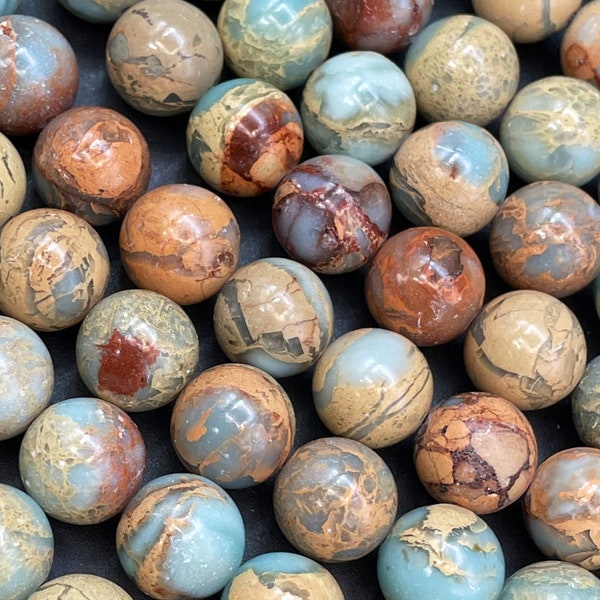 Natural sea  sediment jasper stone bead. 6mm 8mm 10mm 12mm round bead. Gorgeous natural light blue beige brown red color Gemstone bead