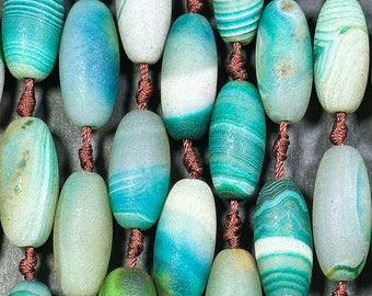 AAA Natural Matte Botswana Agate Gemstone Bead 28x13mm Barrel Shape, Gorgeous Turquoise Green Color Excellent Quality Bead Full Strand 15.5"